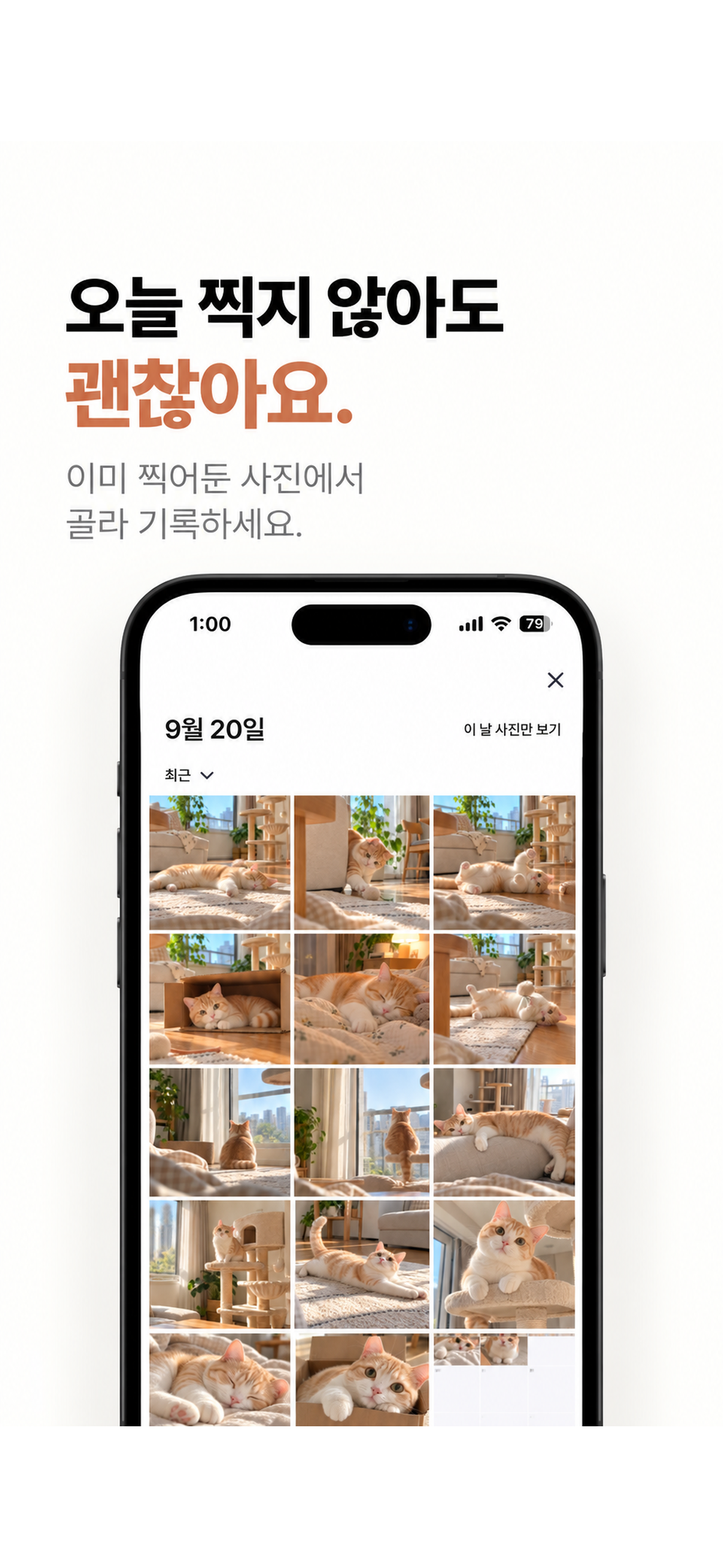 한 장 앱에서 날짜별 사진을 고르는 화면